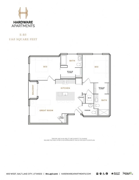 Floor plan for 2 beds, 2.5 baths, 1201 sqft